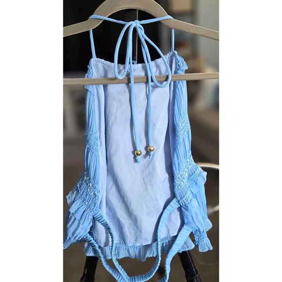 Boho Smocked 2-Piece Set Halter Crop Top & Maxi Skirt Ocean Blue Large NWOT - Picture 4 of 7